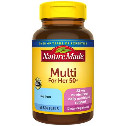 Nature Made Multivitamin For Her 50+ with No Iron, Womens Multivitamin for Daily Nutritional Support, Multivitamin for Women, 60 Softgels, 60 Day Supply