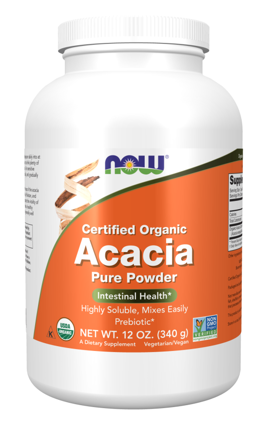 NOW Supplements, Acacia Pure Powder, Certified Organic, Highly Soluble, Mixes Easily, Intestinal Health*, 12-Ounce