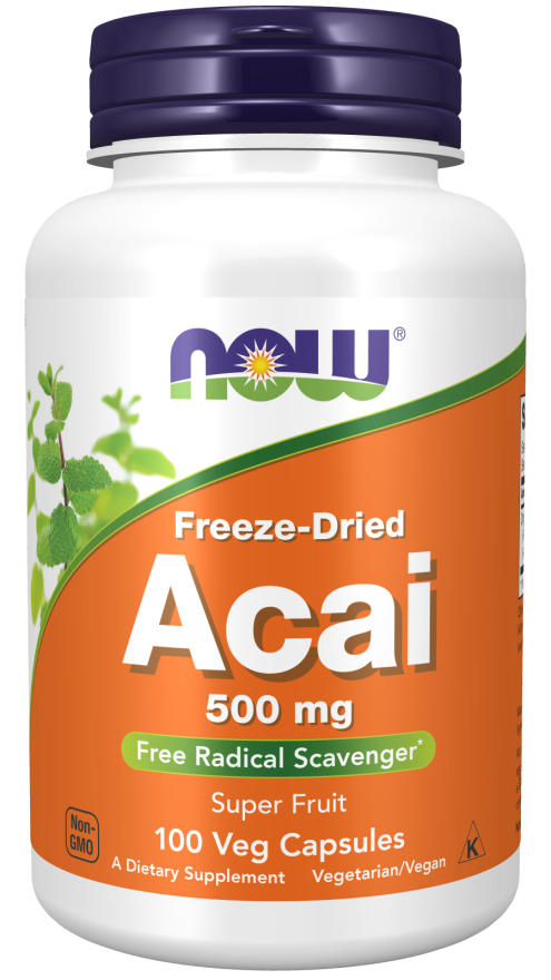 NOW Supplements, Acai 500 mg, Freeze-Dried Super Fruit with Polyphenols, Ellagic Acid, Rutin, Anthocyanins and Catechins, 100 Veg Capsules