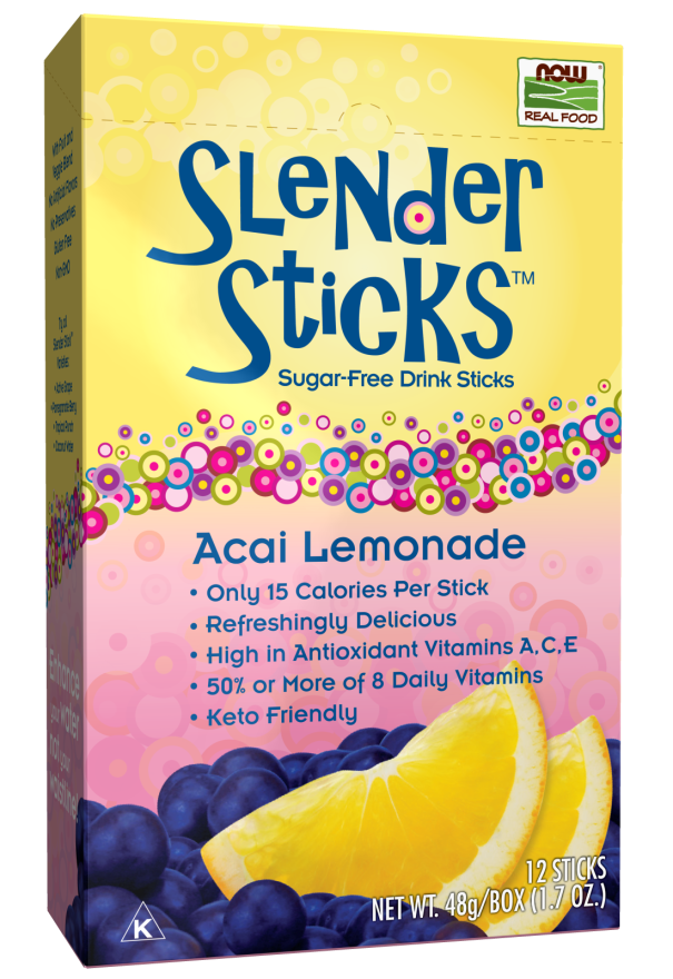 NOW Foods, Slender Sticks, Acai Lemonade, Sugar-Free Drink Sticks, 10 Calories/Stick, 12/Box