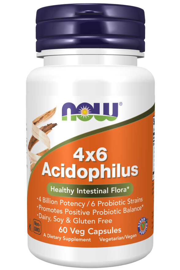 NOW Supplements, Acidophilus 4X6, 4 Billion Potency with 6 Probiotic Strains, Strain Verified, 60 Veg Capsules