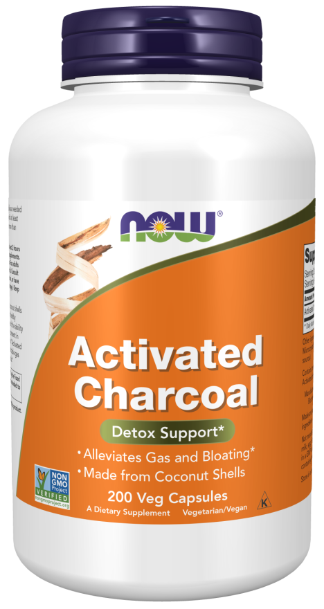 NOW Supplements, Activated Charcoal Made from Coconut Shells, Non-GMO Project Verified, Detox Support*, 200 Veg Capsules