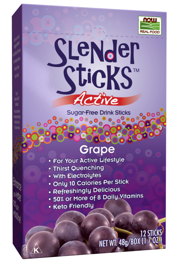 NOW Foods, Slender Sticks, Grape Flavor, Sugar-Free Drink Sticks with Electrolytes for Your Active Lifestyle, 10 Calories/Stick, 12/Box