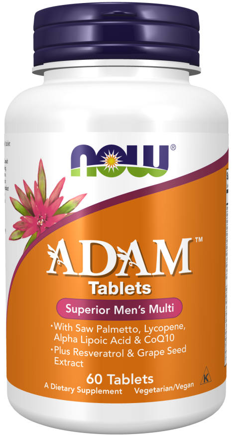 NOW Supplements, ADAM™ Men's Multivitamin with Saw Palmetto, Lycopene, Alpha Lipoic Acid and CoQ10, Plus Natural Resveratrol & Grape Seed Extract, 60 Tablets