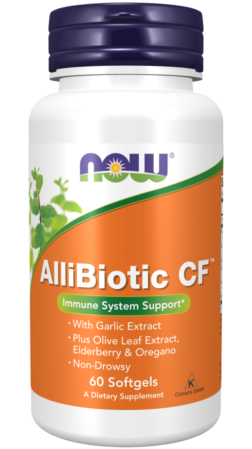 NOW Supplements, AlliBiotic CF™, with Garlic Extract, Olive Leaf Extract, Elderberry & Oregano, Non-Drowsy Formula, 60 Softgels