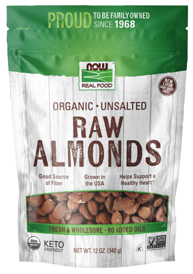 NOW Foods, Certified Organic Almonds, Raw and Unsalted, Good Source of Protein and Fiber, Grown in the USA, Certified Non-GMO, 12-Ounce (Packaging May Vary)