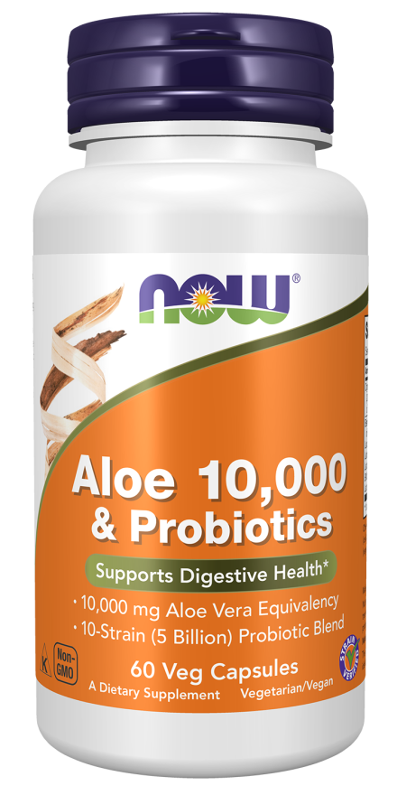 NOW Supplements, Aloe 10,000 & Probiotics with 10-Strain (5 Billion) Probiotic Blend, 60 Veg Capsules