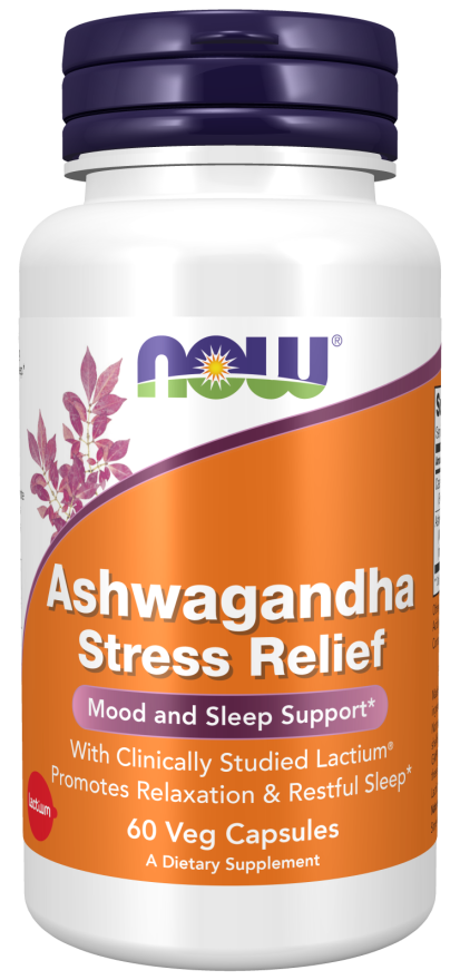 NOW Supplements, Ashwagandha Stress Relief, Mood and Sleep Support*, with clinically Studied Lactium®, Promotes Relaxation and restful Sleep*, 60 Veg Capsules