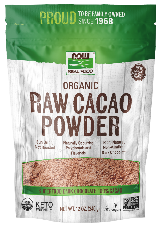 NOW Foods, Organic Raw Cacao Powder, with Polyphenols and Flavonols, Sun-Dried, Intensely Rich Flavor, 12-Ounce (Packaging May Vary)