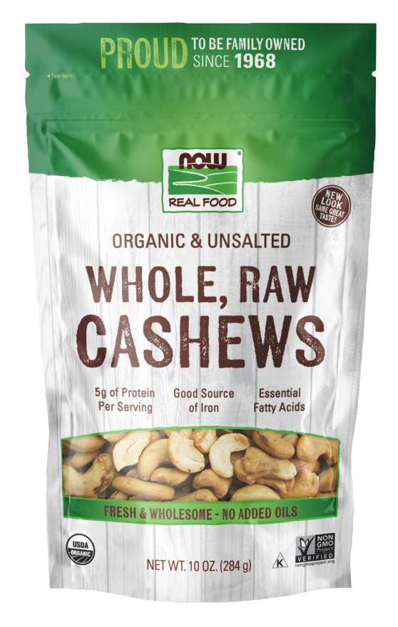 NOW Foods, Certified Organic Cashews, Whole, Raw and Unsalted, Rich Buttery Flavor, Source of Fiber, Protein and Iron, Certified Non-GMO, 10-Ounce (Packaging May Vary)