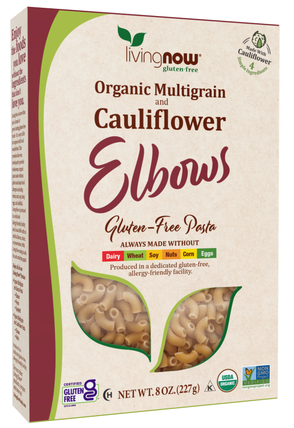 NOW, Living NOW, NOW Natural Foods, Organic Multigrain and Cauliflower Elbows Gluten Free Pasta, Made Without Dairy, Wheat, Soy, Nuts, Corn or Eggs, 8 oz