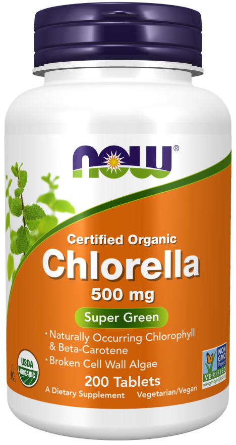 NOW Supplements, Organic Chlorella 500 mg with naturally occurring Chlorophyll, Beta-Carotene, mixed Carotenoids, Vitamin C, Iron and Protein, 200 Tablets