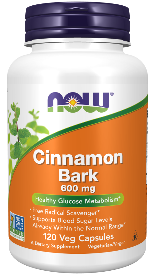 NOW Supplements, Cinnamon Bark 600 mg, Non-GMO Project Verified, Healthy Glucose Metabolism*, 120 Veg Capsules