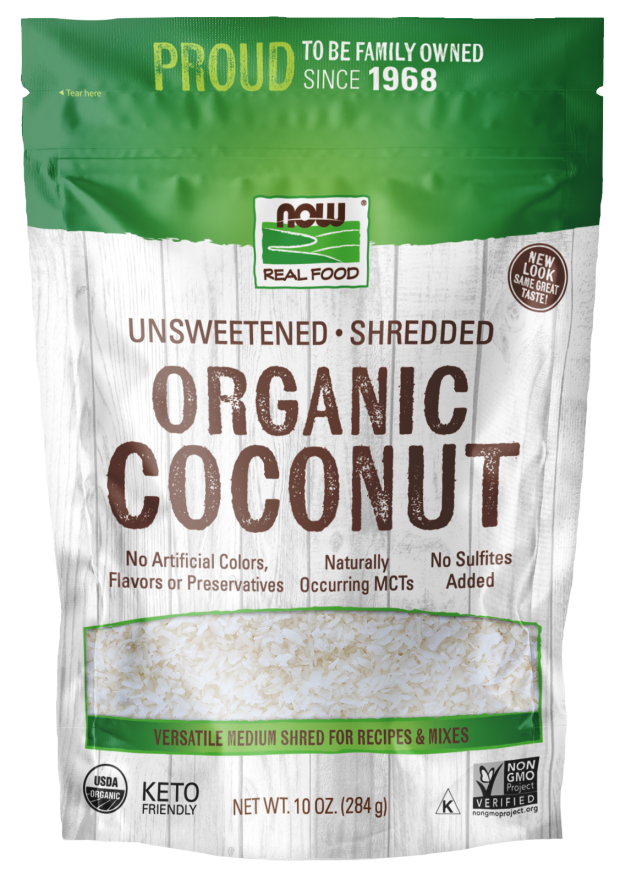 NOW Foods, Organic Coconut, Unsweetened and Shredded, No Added Colors, Flavors or Preservatives, 10-Ounce (Packaging May Vary)