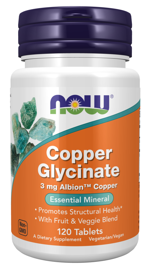 NOW Supplements, Copper Glycinate with 3mg Albion Copper, Promotes Structural Health*, 120 Tablets