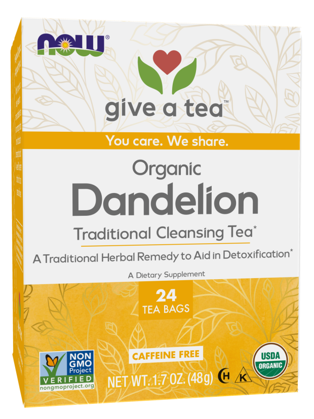 NOW Foods, Certified Organic Dandelion Traditional Cleansing Herbal Tea, Caffeine-Free, Non-GMO, Premium Unbleached Tea Bags with No-Staples Design, 24-Count