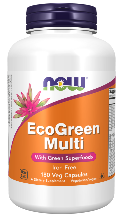 NOW Supplements, EcoGreen Multi Vitamin with Green Superfoods, Iron-Free 180 Veg Capsules