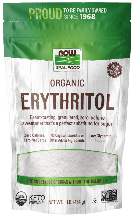 NOW Foods, Organic Erythritol, Pleasant Sweetner for Reduced-Calorie and Sugar-Free Recipes, Zero-Calorie, Low Glycemic Impact, 1-Pound (Packaging May Vary)