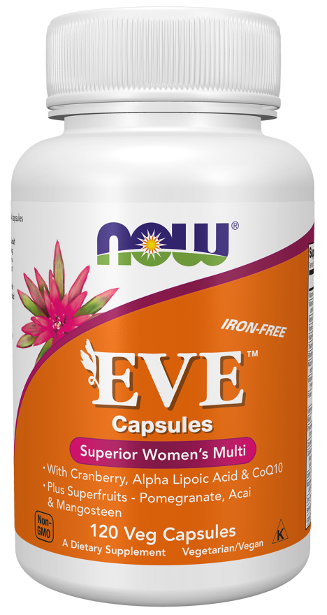 NOW Supplements, Eve™ Women's Multivitamin with Cranberry, Alpha Lipoic Acid and CoQ10, plus Superfruits - Pomegranate, Acai & Mangosteen, Iron-Free, 120 Veg Capsules