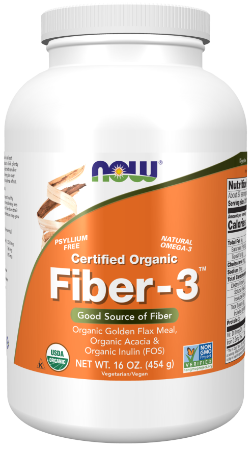 NOW Supplements, Fiber-3, Certified Organic, Non-GMO Project Verified, Psyllium Free, with Organic Golden Flax Meal, Acacia & Inulin, 16-Ounce