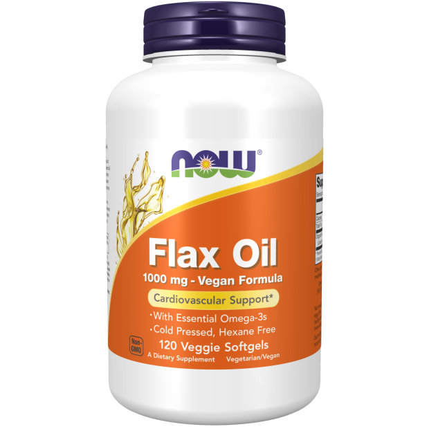 NOW Supplements, Flax Oil 1000 mg with Essential Omega-3s, Cold Pressed, Hexane Free, Vegan Formula, 120 Veg Softgels