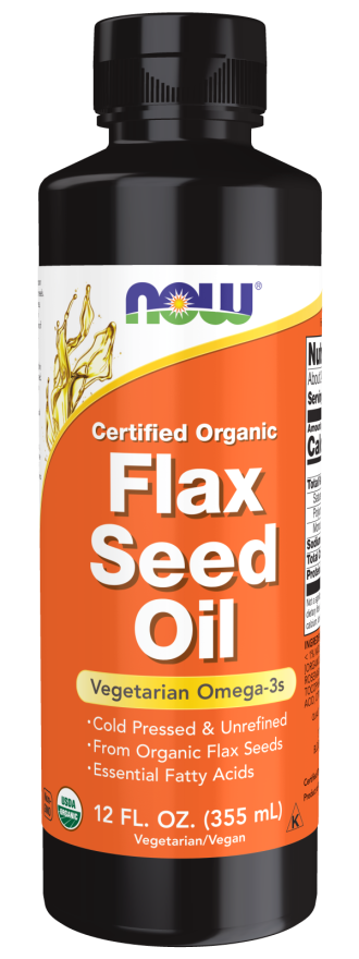 NOW Supplements, Certified Organic Flax Seed Oil Liquid, Cold-Pressed and Unrefined, 12-Ounce