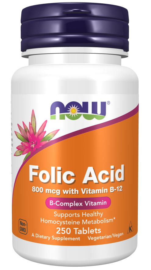 NOW Supplements, Folic Acid 800 mcg + B-12 (Cyanocobalamin) 25 mcg, B Complex Vitamin, 250 Tablets