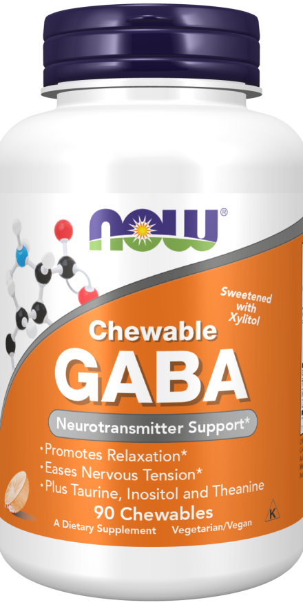 NOW Supplements, GABA (Gamma-Aminobutyric Acid), Neurotransmitter Support*, Orange Flavor, 90 Chewables