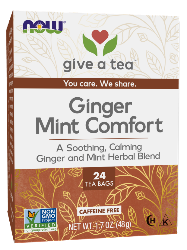 NOW Foods, Give a Tea Ginger Mint Comfort Tea, Caffeine-Free, Calming, Tummy-Pleasing, 24-Count