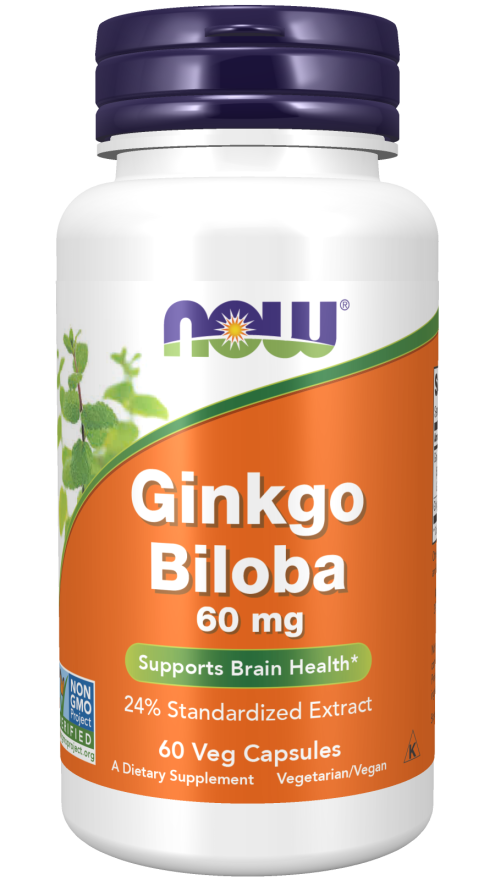 NOW Supplements, Ginkgo Biloba 60 mg, 24% Standardized Extract, Non-GMO Project Verified, 60 Veg Capsules