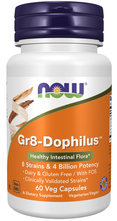 NOW Supplements, Gr8-Dophilus™with 8 Strains & 4 Billion Potency, Shelf Stable, 60 Veg Capsules