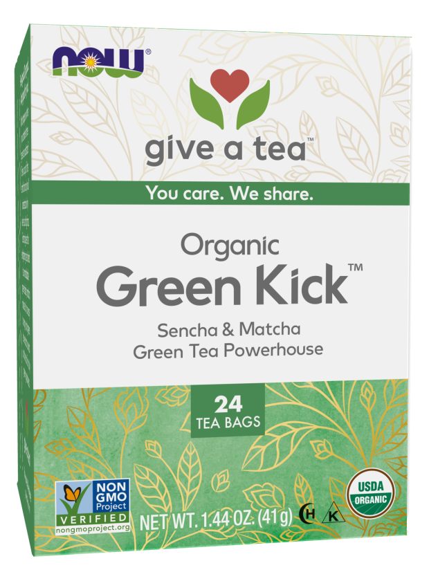 NOW Foods, Certified Organic Green Kick Tea, with Polyphenols, Premium Unbleached Tea Bags with No-Staples Design, No Added Colors, Preservatives, Flavors, or Sugars, 24-Count