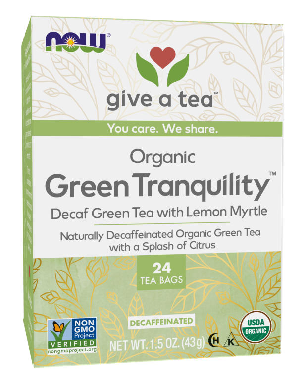 NOW Foods, Certified Organic Green Tranquility™ Tea, Decaf Green with Lemon Myrtle, Non-GMO, Premium Unbleached Tea Bags with No-Staples Design, 24-Count