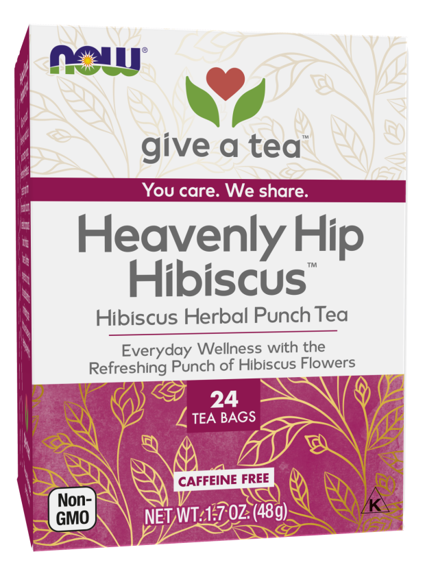 NOW Give a Tea®, Heavenly Hip Hibiscus™, Hibiscus Herbal Punch Tea, Everyday Wellness with the Refreshing Punch of Hibiscus Flowers, Caffeine Free, 24 Tea Bags