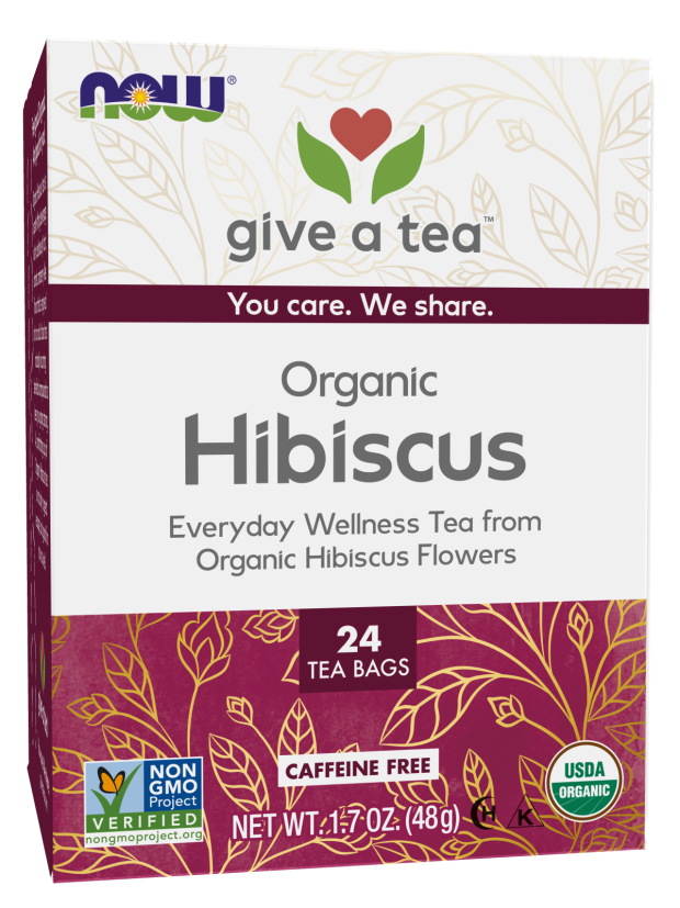 NOW Foods, Organically Hip Hibiscus™ Tea, Caffeine-Free, Non-GMO, No Added Colors, Preservatives or Sugars, Premium Unbleached Tea Bags with our No-Staples Design, 24-Count