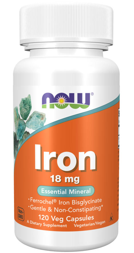 NOW Supplements, Iron 18 mg, Non-Constipating*, Essential Mineral, 120 veg Capsules
