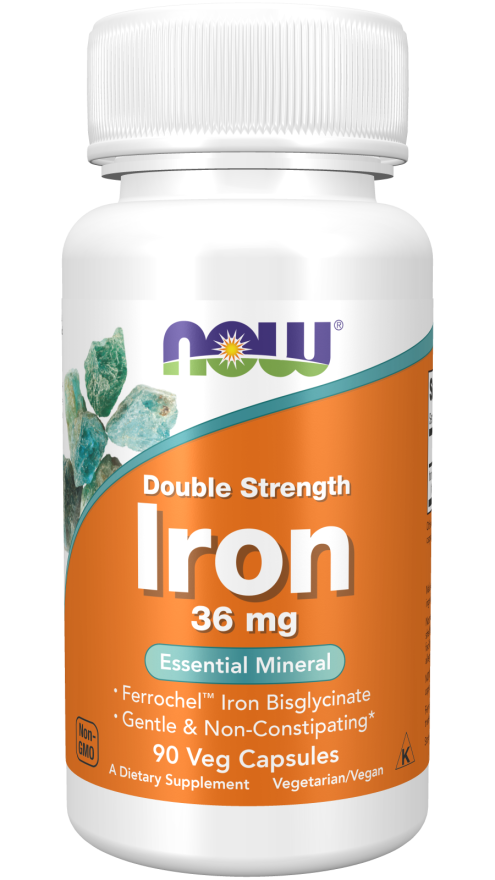 NOW Supplements, Iron 36 mg, Double Strength, Non-Constipating*, Essential Mineral, 90 Veg Capsules