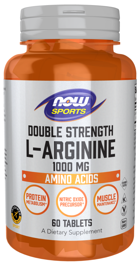 NOW Sports Nutrition, L-Arginine Double Strength 1000mg, Nitric Oxide Precursor, Amino Acids, 60 Tablets