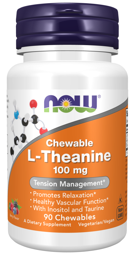 NOW Supplements, L-Theanine 100 mg with Inositol and Taurine, Tension Management*, 90 Chewables