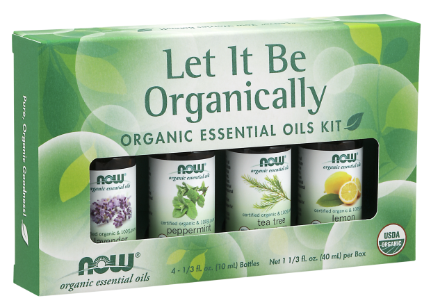 NOW Essential Oils, Let It Be Organically Kit, 4x10ml Including: Organic Lavender, Organic Tea Tree, Organic Peppermint and Organic Lemon Essential Oils With Child Resistant Caps