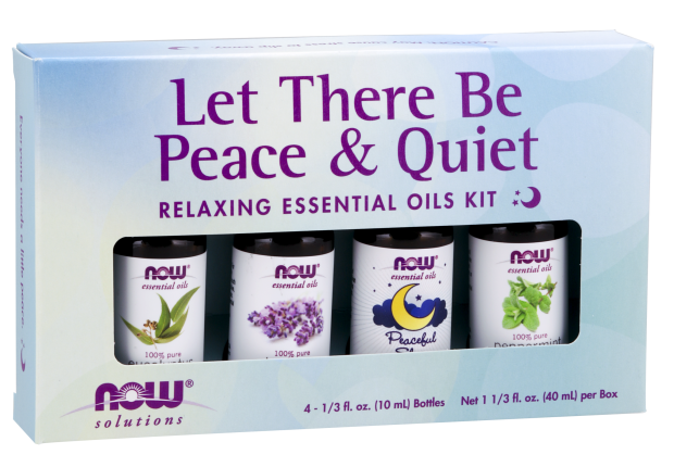 NOW Essential Oils, Let There Be Peace & Quiet Aromatherapy Kit, 4x 10ml Including Lavender Oil, Peppermint Oil, Eucalyptus Oil and Peaceful Sleep Oil Blend With Child Resistant Caps