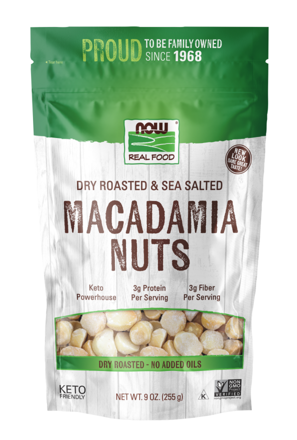 NOW Foods, Macadamia Nuts, Dry Roasted with Sea Salt, Source of Fiber, Gluten-Free and Certified Non-GMO, 9-Ounce (Packaging May Vary)