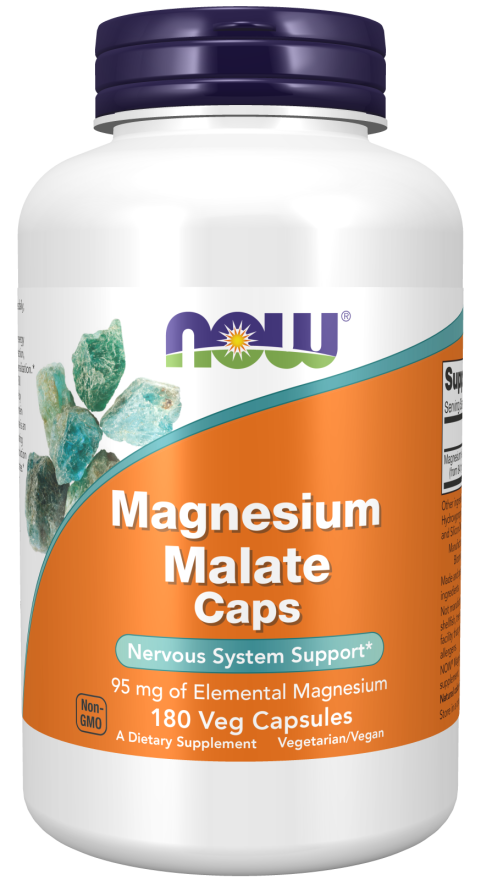 NOW Supplements, Magnesium Malate Caps with 95 mg of Elemental Magnesium, Nervous System Support*, 180 Veg Capsules