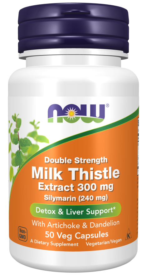 NOW Supplements, Silymarin Milk Thistle Extract 300 mg with Artichoke and Dandelion, Double Strength, Supports Liver Function*, 50 Veg Capsules