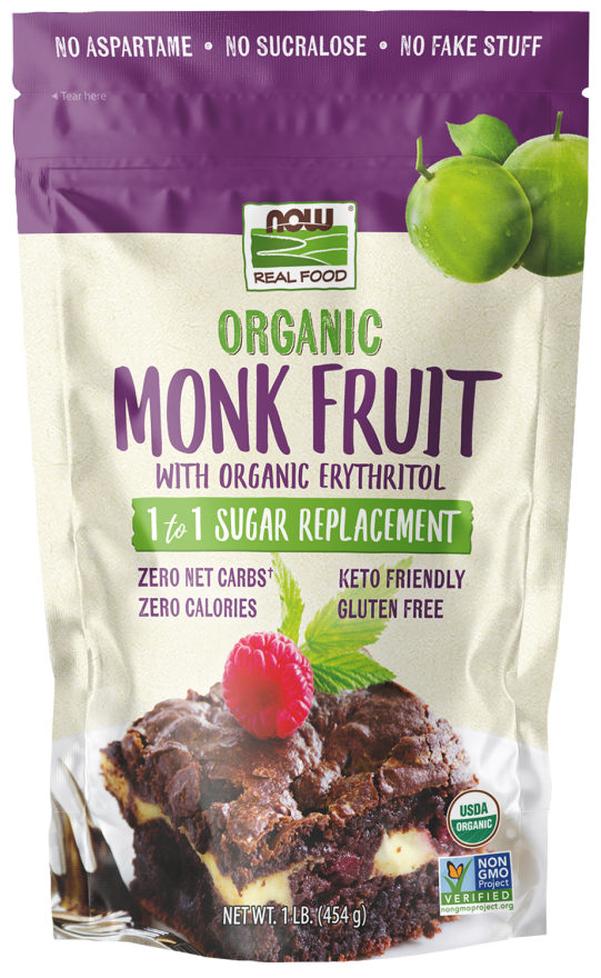 NOW Foods, Organic Monk Fruit With Erythritol Powder, 1 to 1 Sugar Replacement, 1-Pound