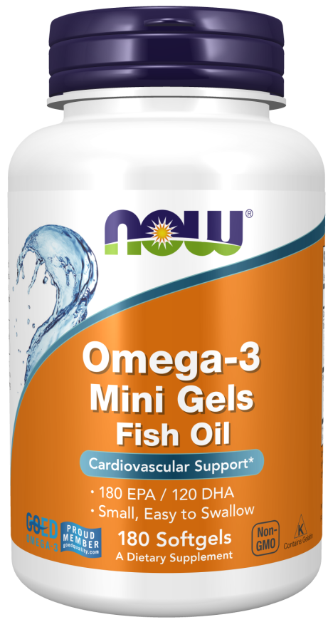 NOW Supplements, Omega-3 Mini Gels, 180 EPA/120 DHA, Molecularly Distilled, Cardiovascular Support*, 180 Softgels