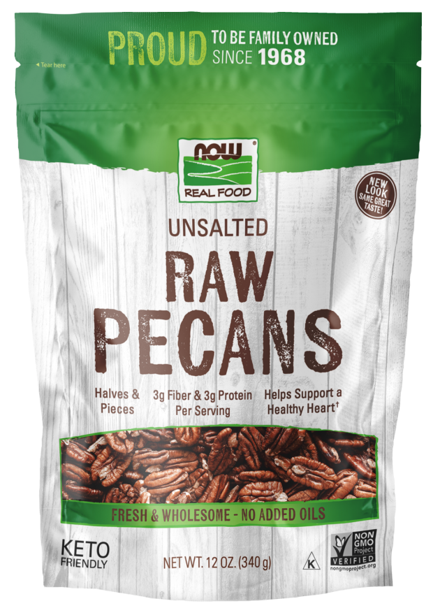 NOW Foods, Pecans, Raw and Unsalted, Halves and Pieces, Natural Source of Essential Fatty Acids, Grown in the USA, 12-Ounce (Packaging May Vary)