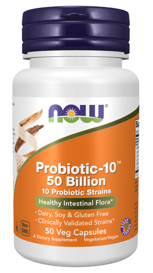 NOW Supplements, Probiotic-10™, 50 Billion, with 10 Probiotic Strains, Strain Verified, 50 Veg Capsules