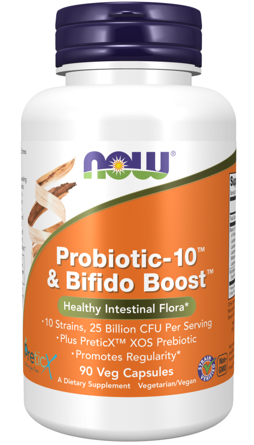 NOW Supplements, Probiotic-10™ & Bifido Boost™ with 10 Strains, 25 Billion CFU Per Serving, plus PreticX™ XOS Prebiotic, 90 Veg Capsules