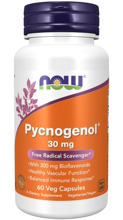 NOW Supplements, Pycnogenol 30 mg (a Unique Combination of Proanthocyanidins from French Maritime Pine) with 300 mg Bioflavonoids, 60 Veg Capsules